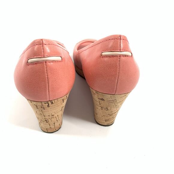 $225 Sebago Chiffon Leather Cork Wedge Peep Toe Sandals 7.5 Womens Salmon Pink - Picture 4 of 8